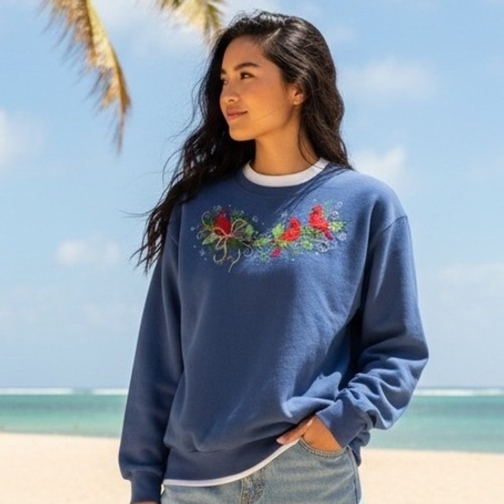 Morning Sun Women's Blue Cardinal‎ Holly Embroidered Crewneck Sweatshirt Large